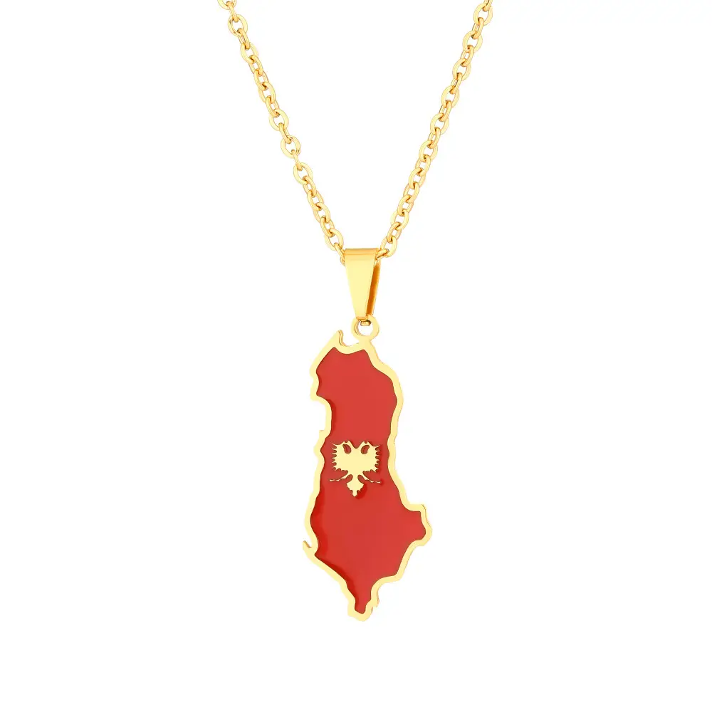 Albania Map Necklace for Men Women Red Gold Chain - Image 5
