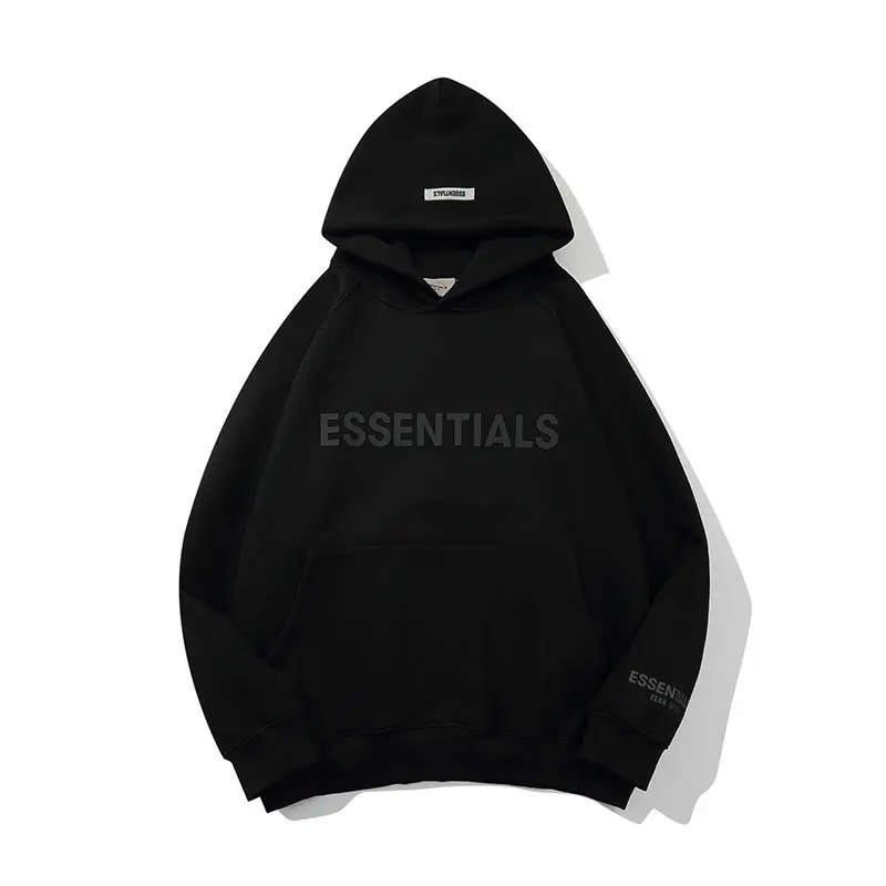Essentials Black Hooded Sweatshirt with 3D Letter Chest Logo