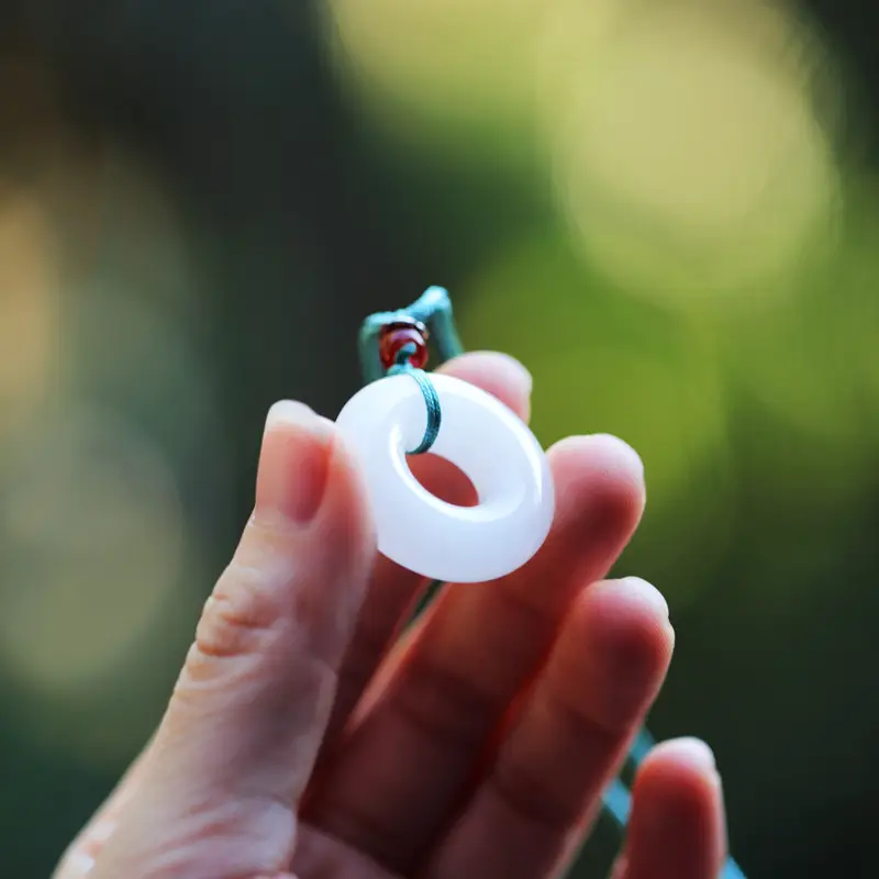Natural White Jade Safety Ring Pendant Necklace for Men Women - Image 2