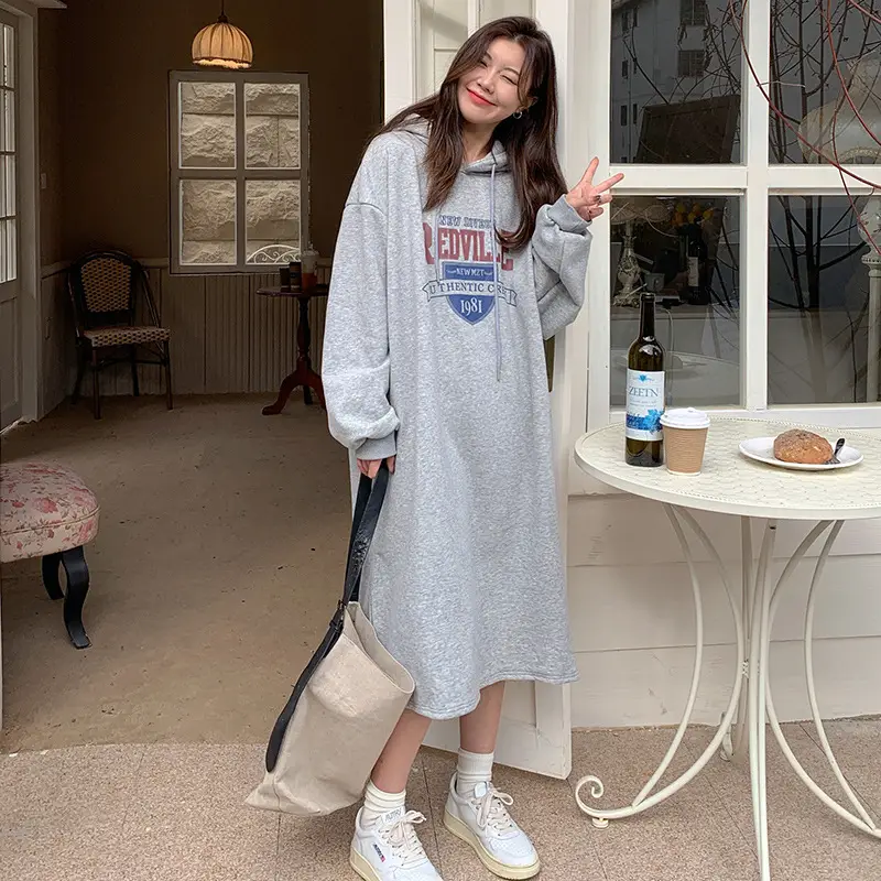2022 Korean Women Fleece Hooded Long Coat with Printed Design - Image 2