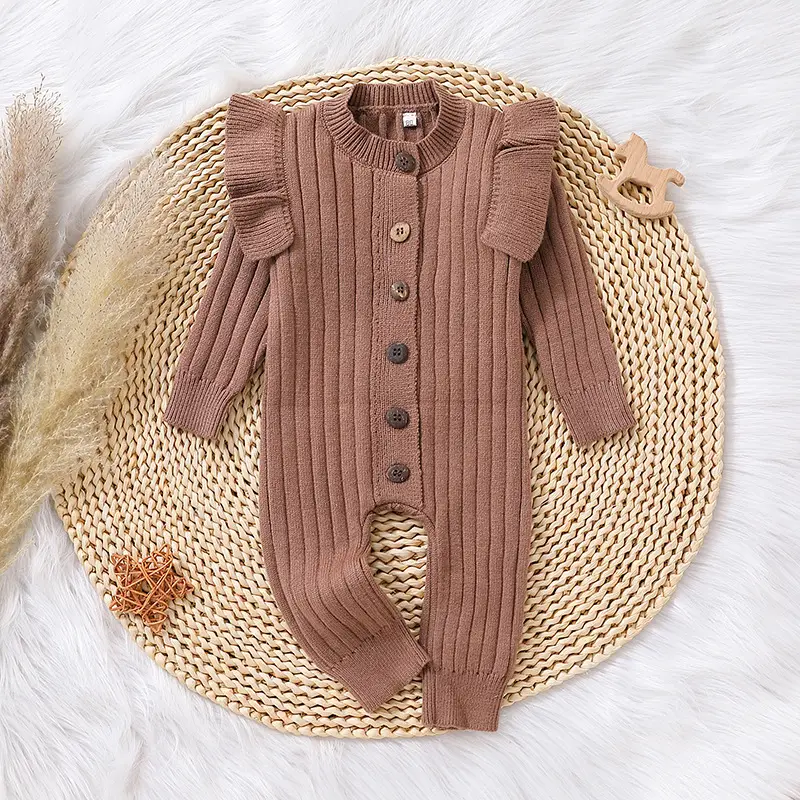 Brown Knitted Long Sleeve Baby Suit for Girls