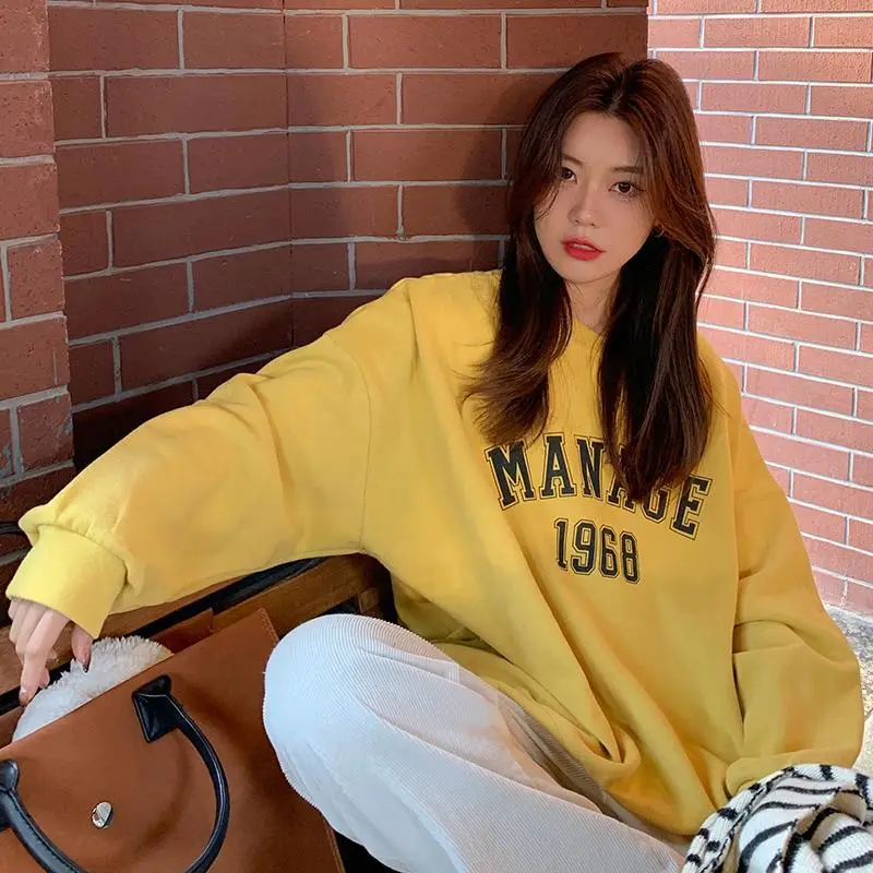 2025 Korean Style Yellow Letter Print Sweatshirt Women - Image 5