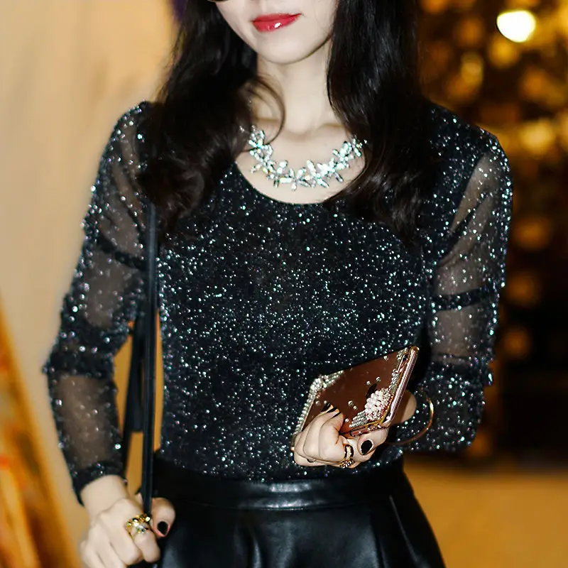 2025 Women Slimming Mesh T-Shirt Black Sparkle - Image 2
