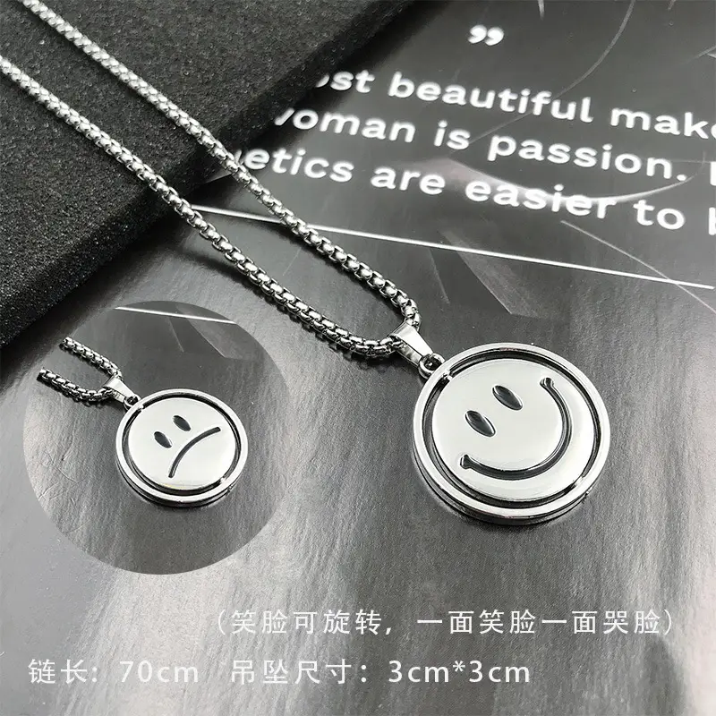 Rotating Smiling Face Necklace for Men Women Silver 70cm - Image 2