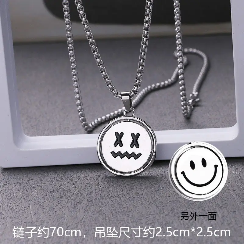 Rotating Smiling Face Necklace for Men Women Silver 70cm - Image 3