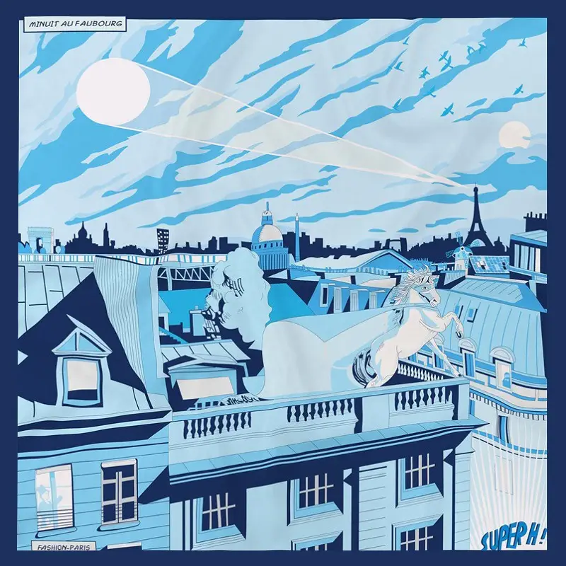 2024 Summer Silk Scarf for Women Blue Paris Design
