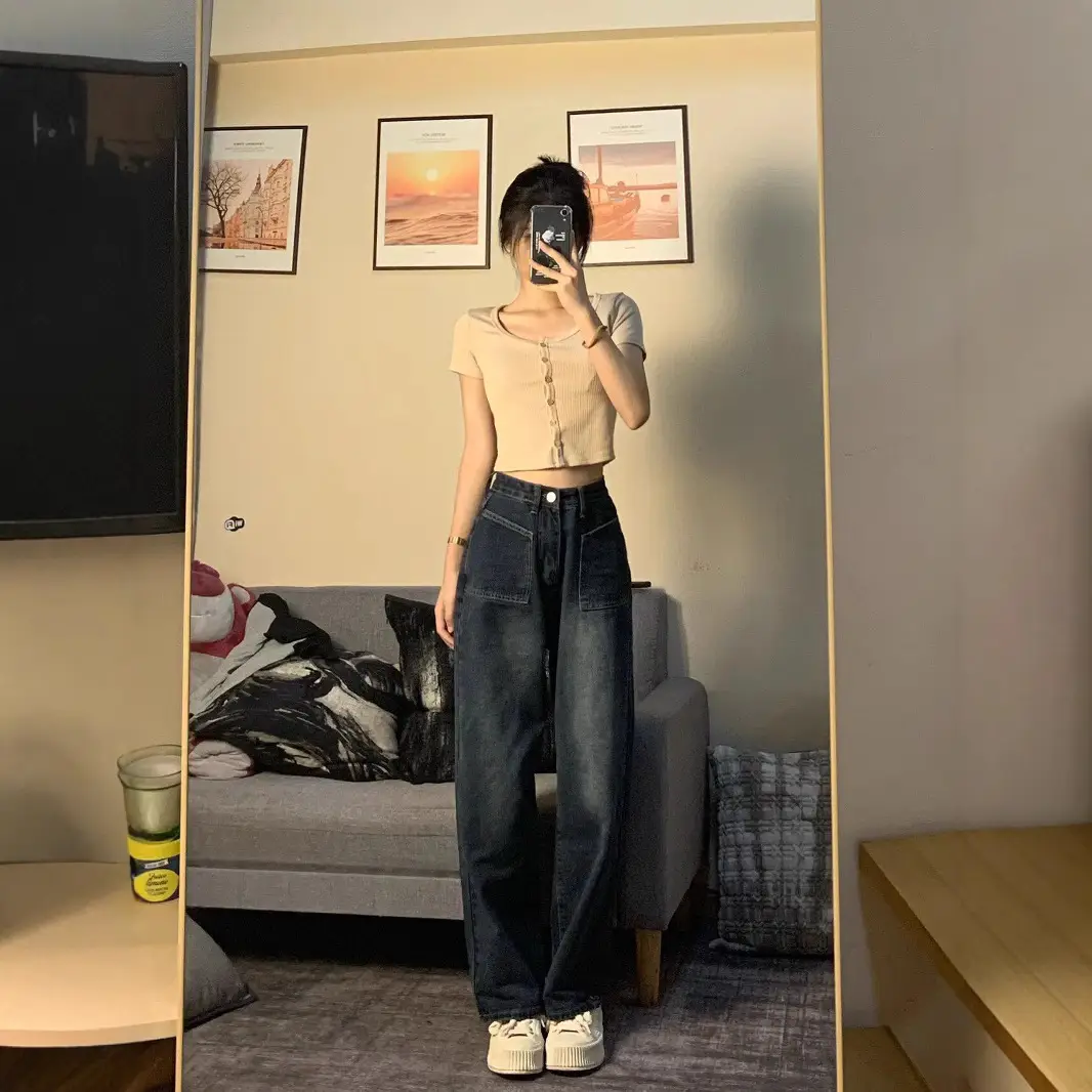 Women Vintage Jeans Wide Leg Straight Leg Pants