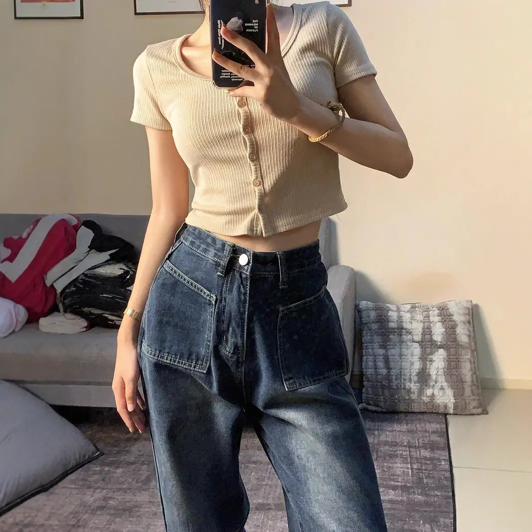 Women Vintage Jeans Wide Leg Straight Leg Pants
