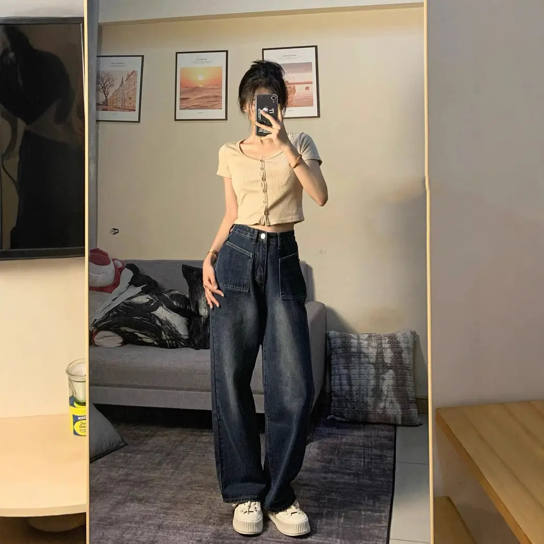 Women Vintage Jeans Wide Leg Straight Leg Pants