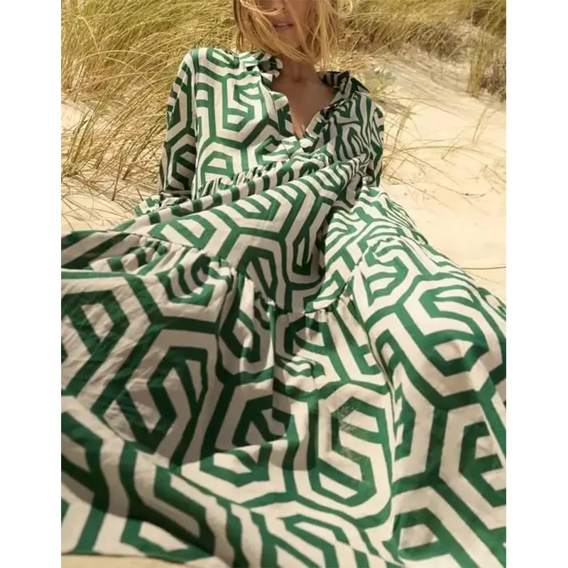 Green Geometric Long Sleeve Lapel Shirt Dress for Women - Image 3
