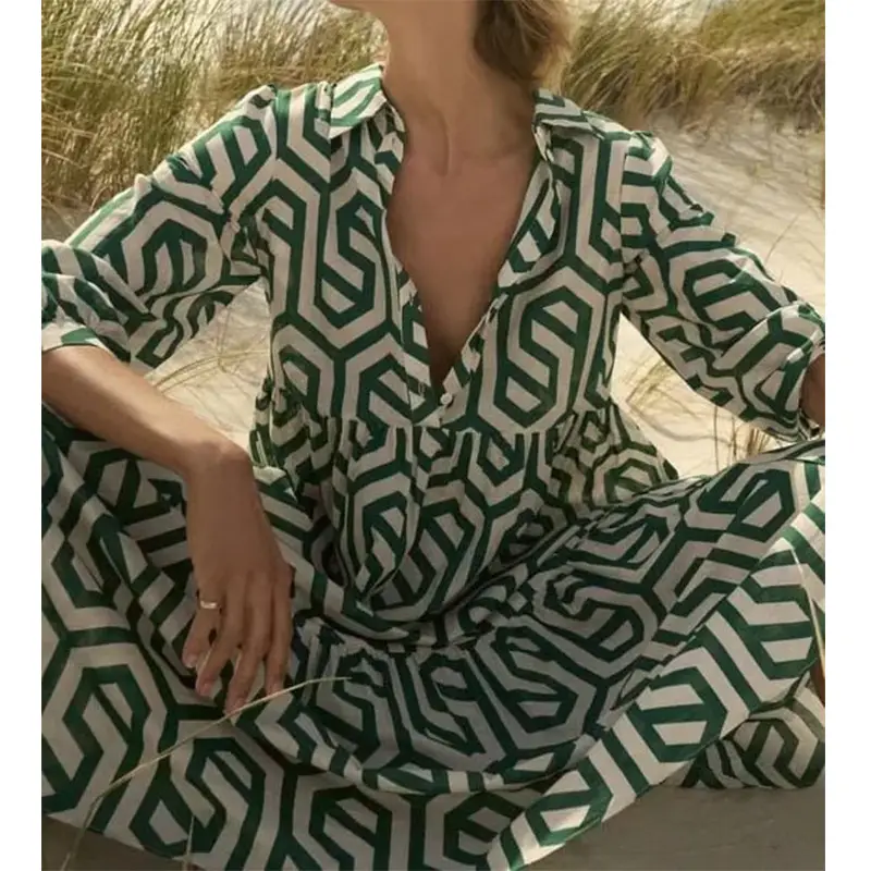 Green Geometric Long Sleeve Lapel Shirt Dress for Women - Image 4