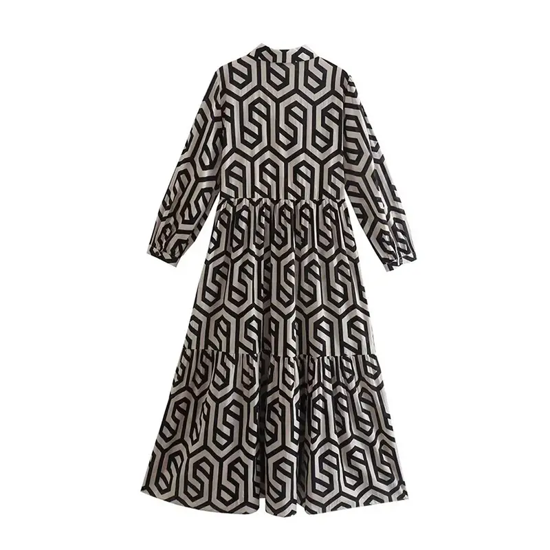 Green Geometric Long Sleeve Lapel Shirt Dress for Women - Image 5