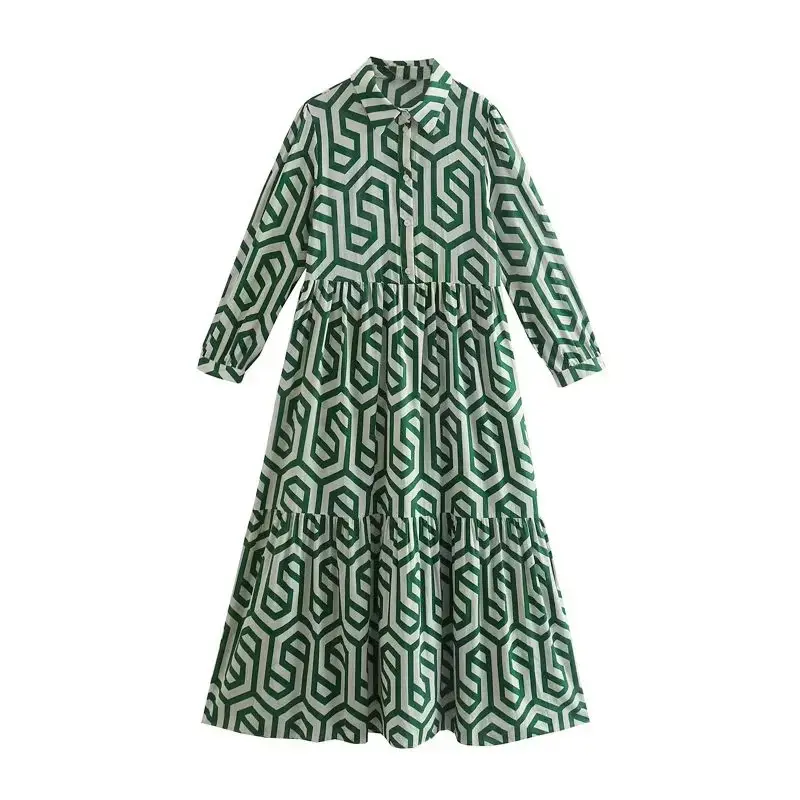 Green Geometric Long Sleeve Lapel Shirt Dress for Women - Image 6