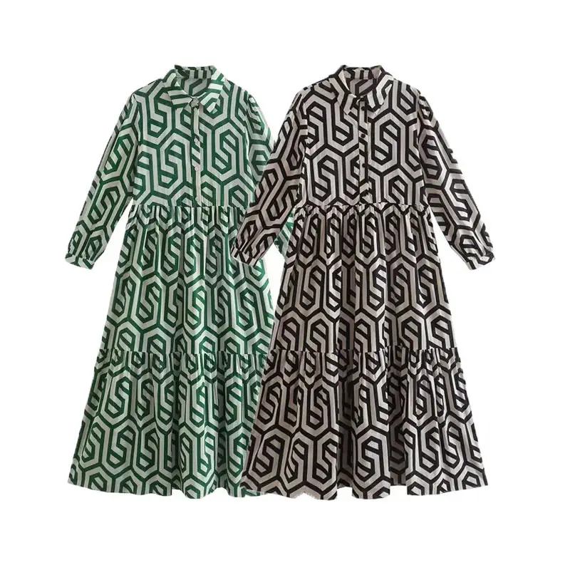 Green Geometric Long Sleeve Lapel Shirt Dress for Women - Image 7