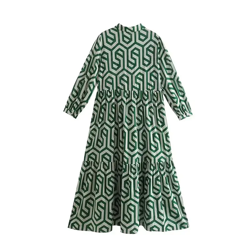 Green Geometric Long Sleeve Lapel Shirt Dress for Women - Image 2