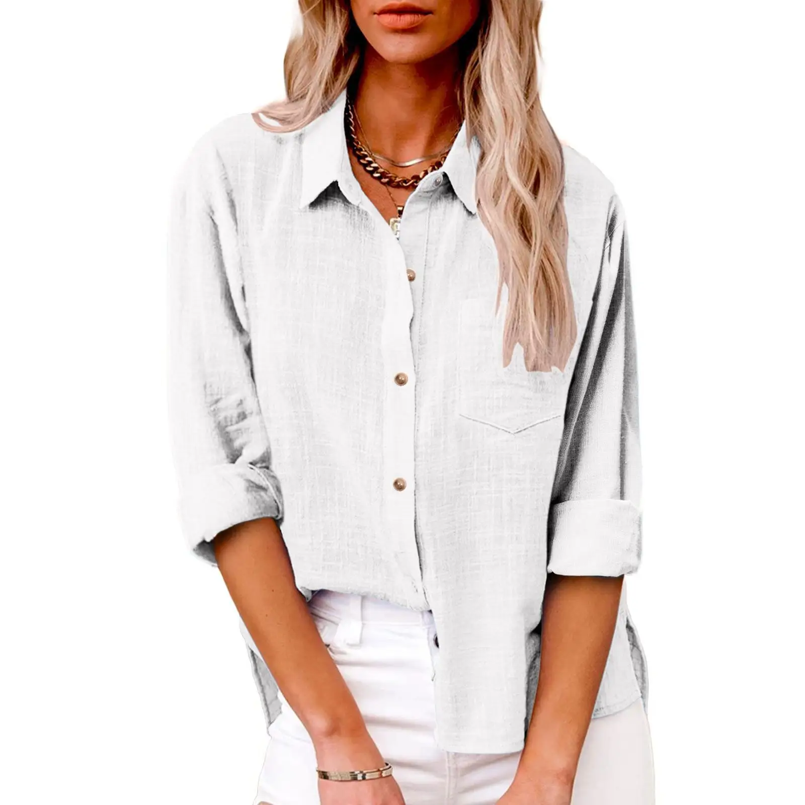 Women Cotton Linen Split Shirt Blue Long Sleeve