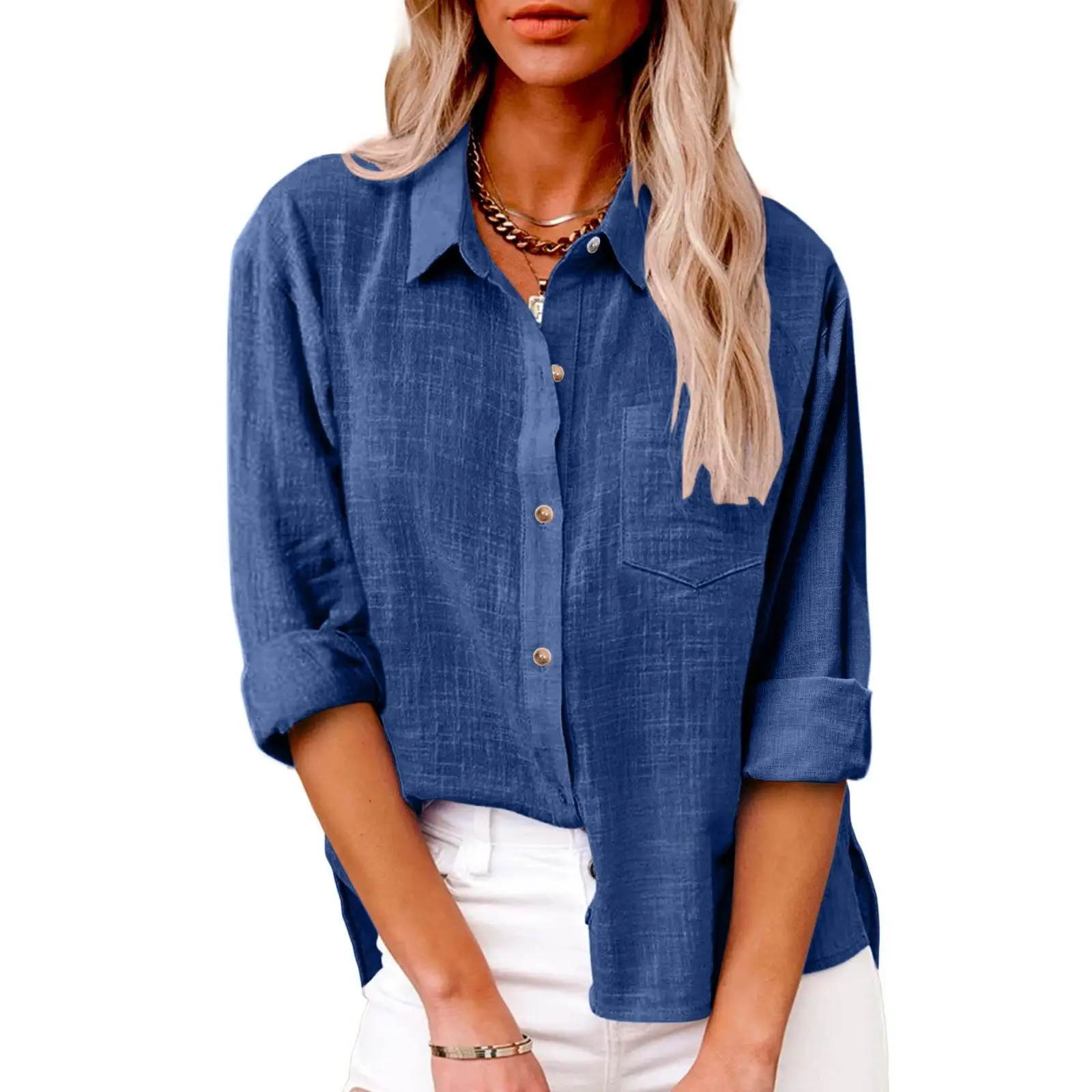 Women Cotton Linen Split Shirt Blue Long Sleeve