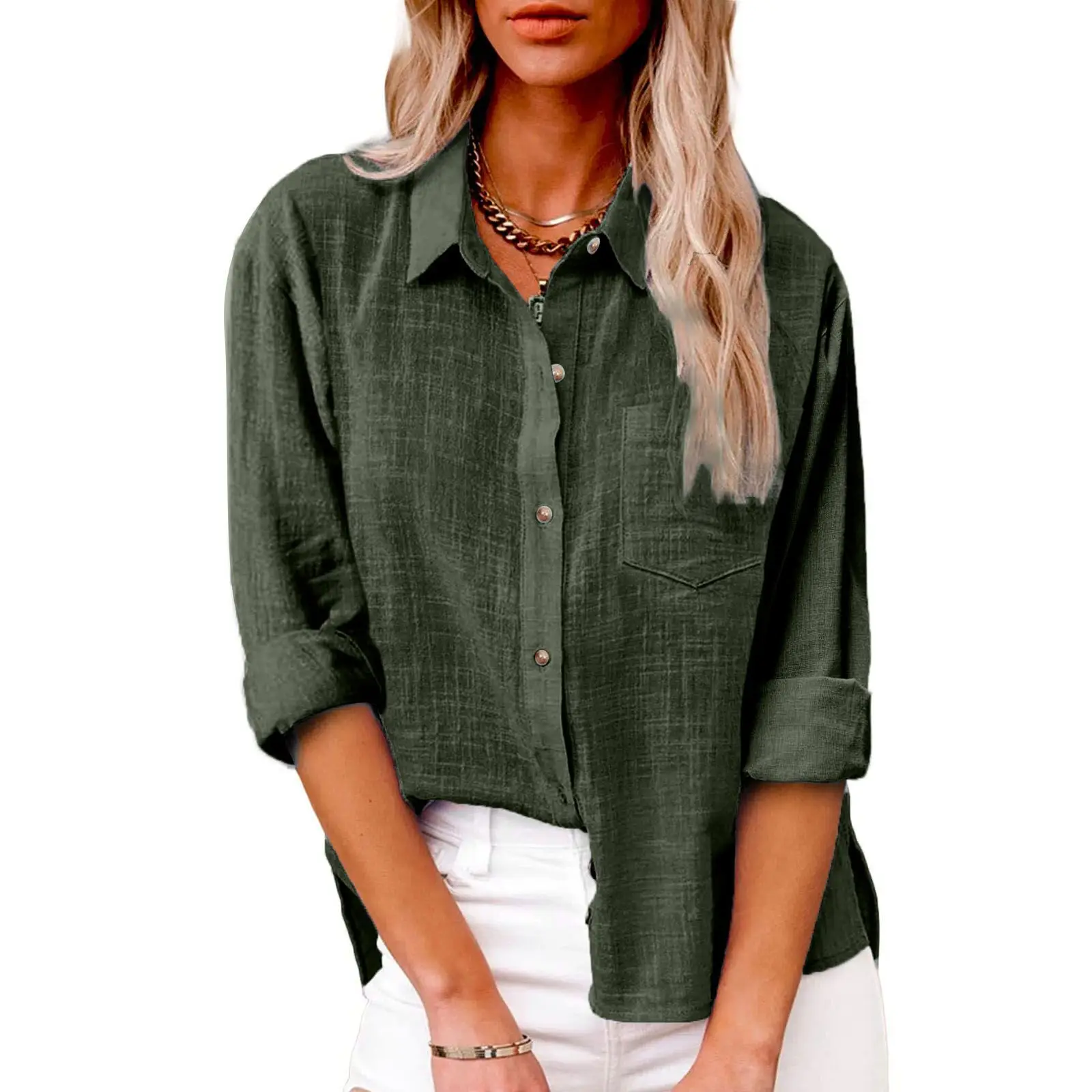 Women Cotton Linen Split Shirt Blue Long Sleeve