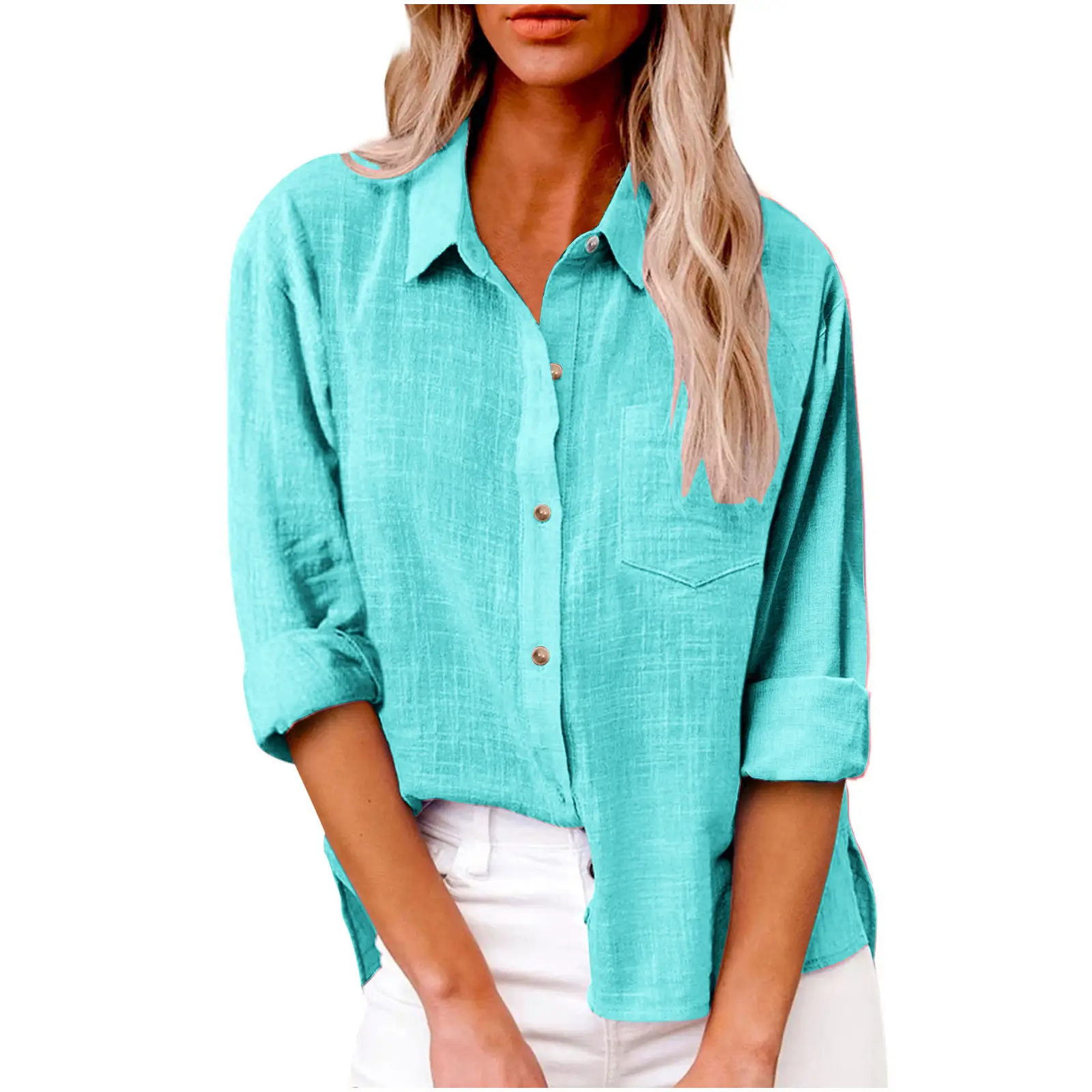 Women Cotton Linen Split Shirt Blue Long Sleeve