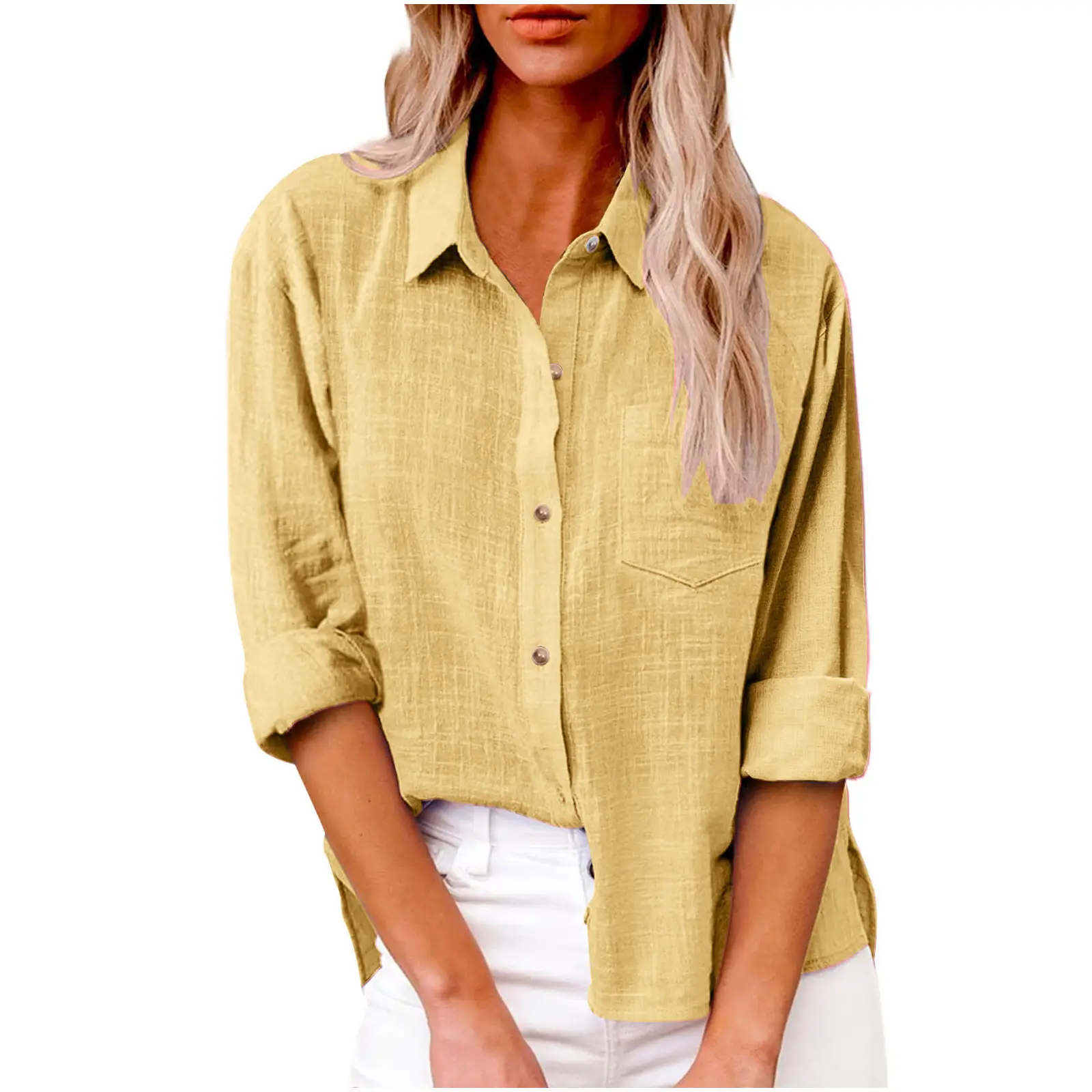 Women Cotton Linen Split Shirt Blue Long Sleeve
