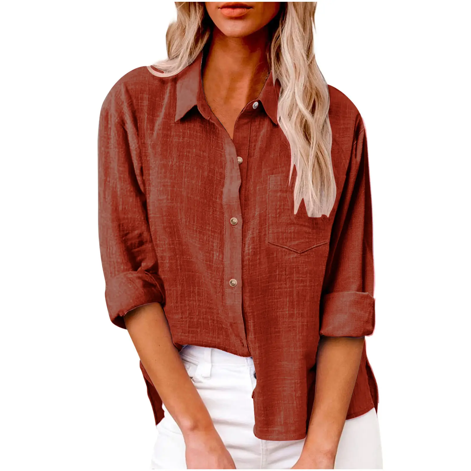 Women Cotton Linen Split Shirt Blue Long Sleeve