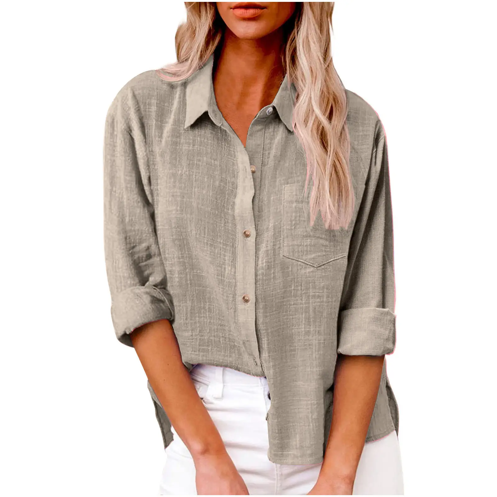 Women Cotton Linen Split Shirt Blue Long Sleeve