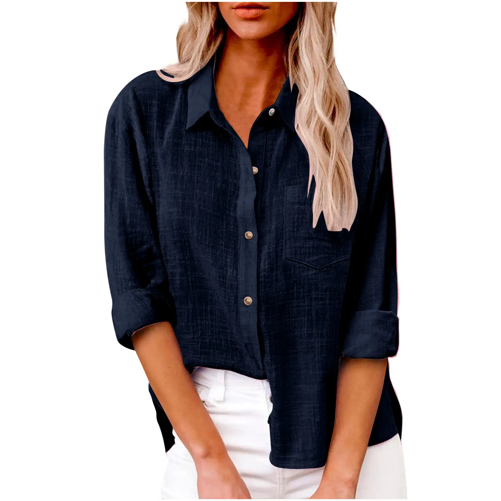Women Cotton Linen Split Shirt Blue Long Sleeve