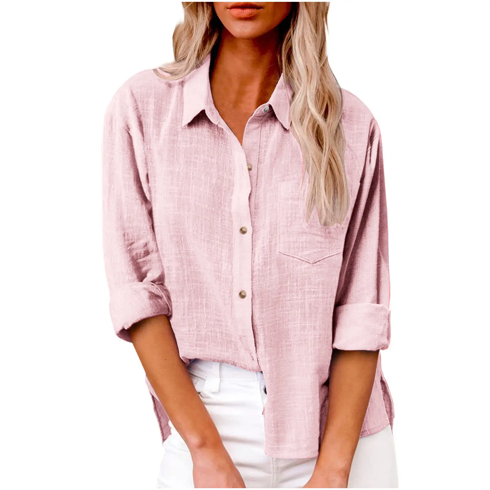 Women Cotton Linen Split Shirt Blue Long Sleeve