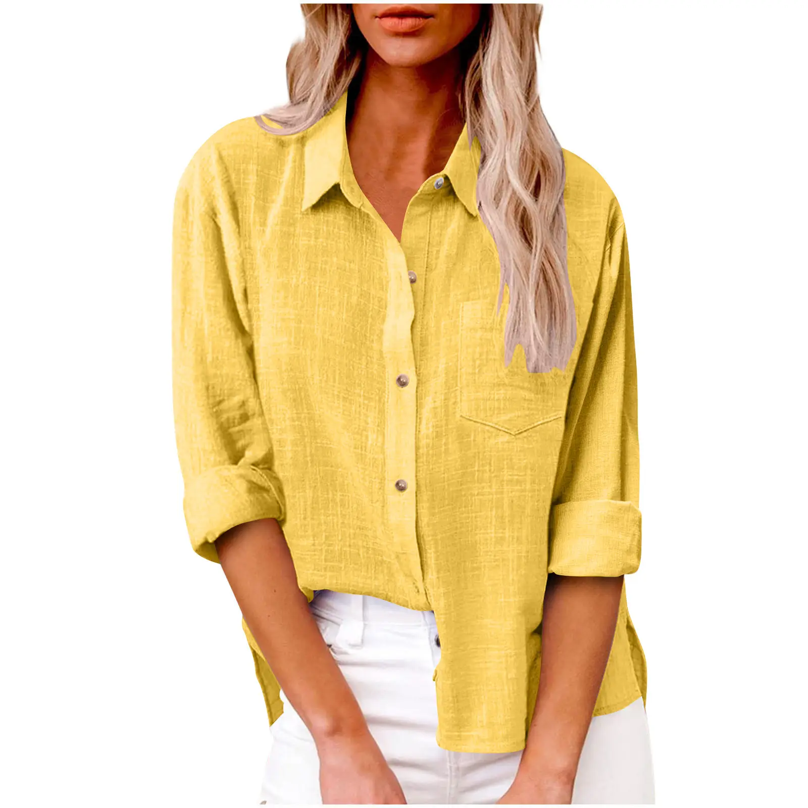 Women Cotton Linen Split Shirt Blue Long Sleeve