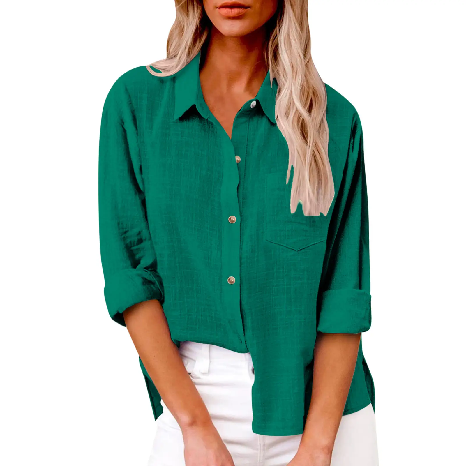 Women Cotton Linen Split Shirt Blue Long Sleeve