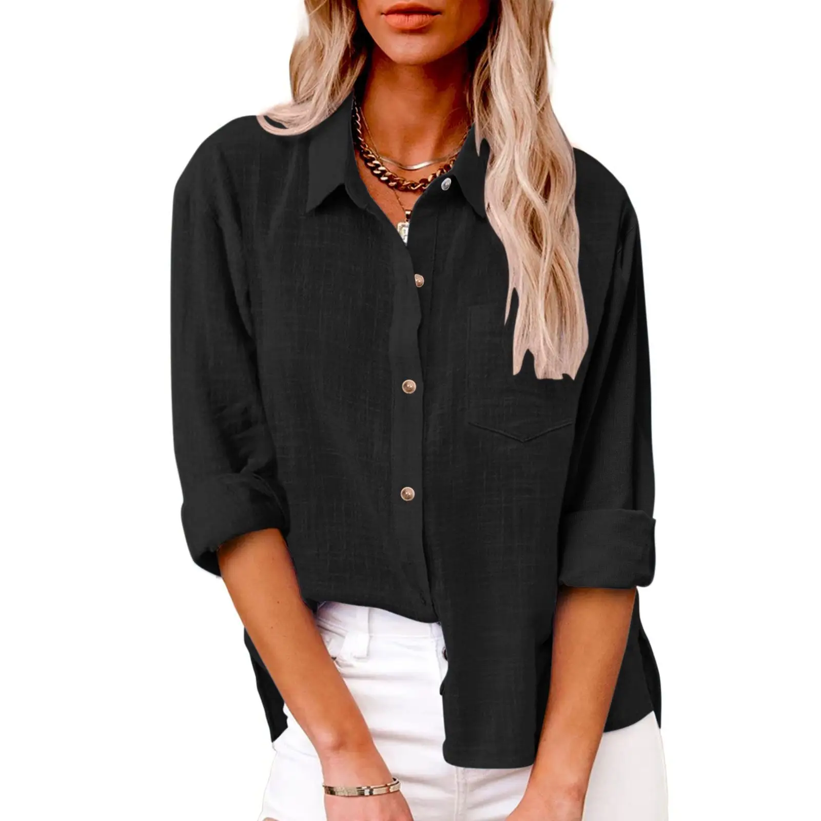 Women Cotton Linen Split Shirt Blue Long Sleeve