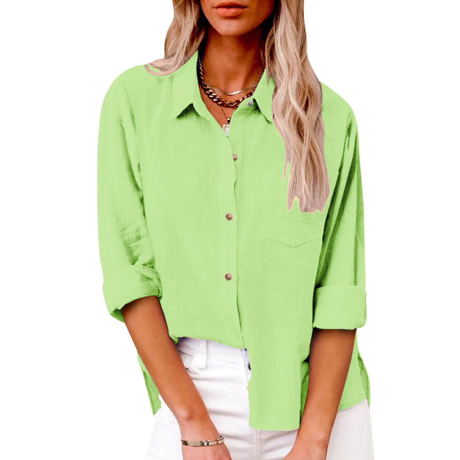 Women Cotton Linen Split Shirt Blue Long Sleeve