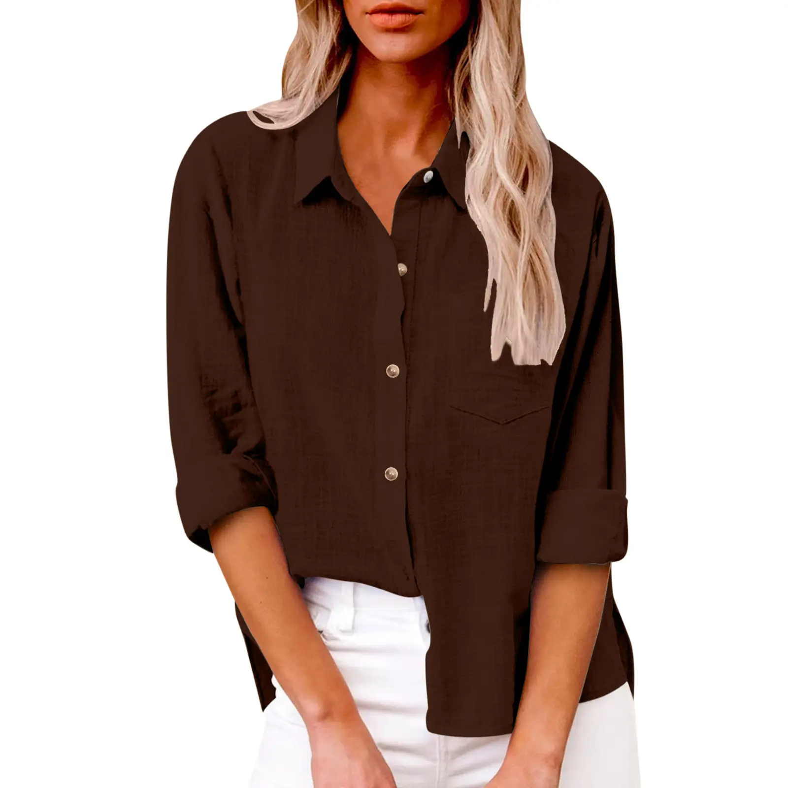 Women Cotton Linen Split Shirt Blue Long Sleeve