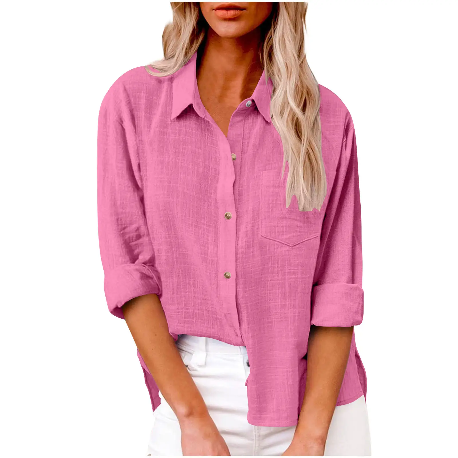 Women Cotton Linen Split Shirt Blue Long Sleeve