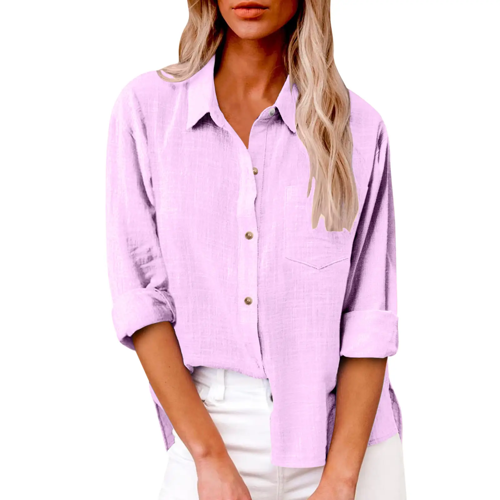 Women Cotton Linen Split Shirt Blue Long Sleeve