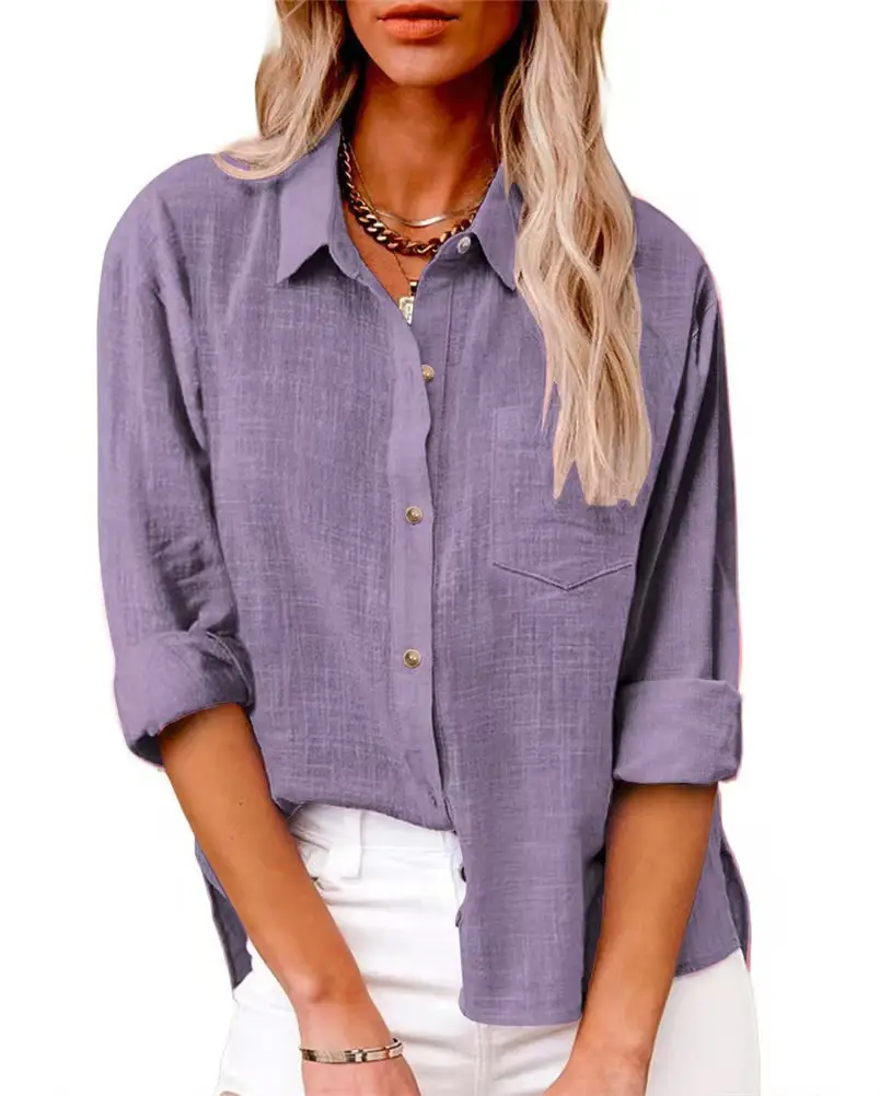 Women Cotton Linen Split Shirt Blue Long Sleeve