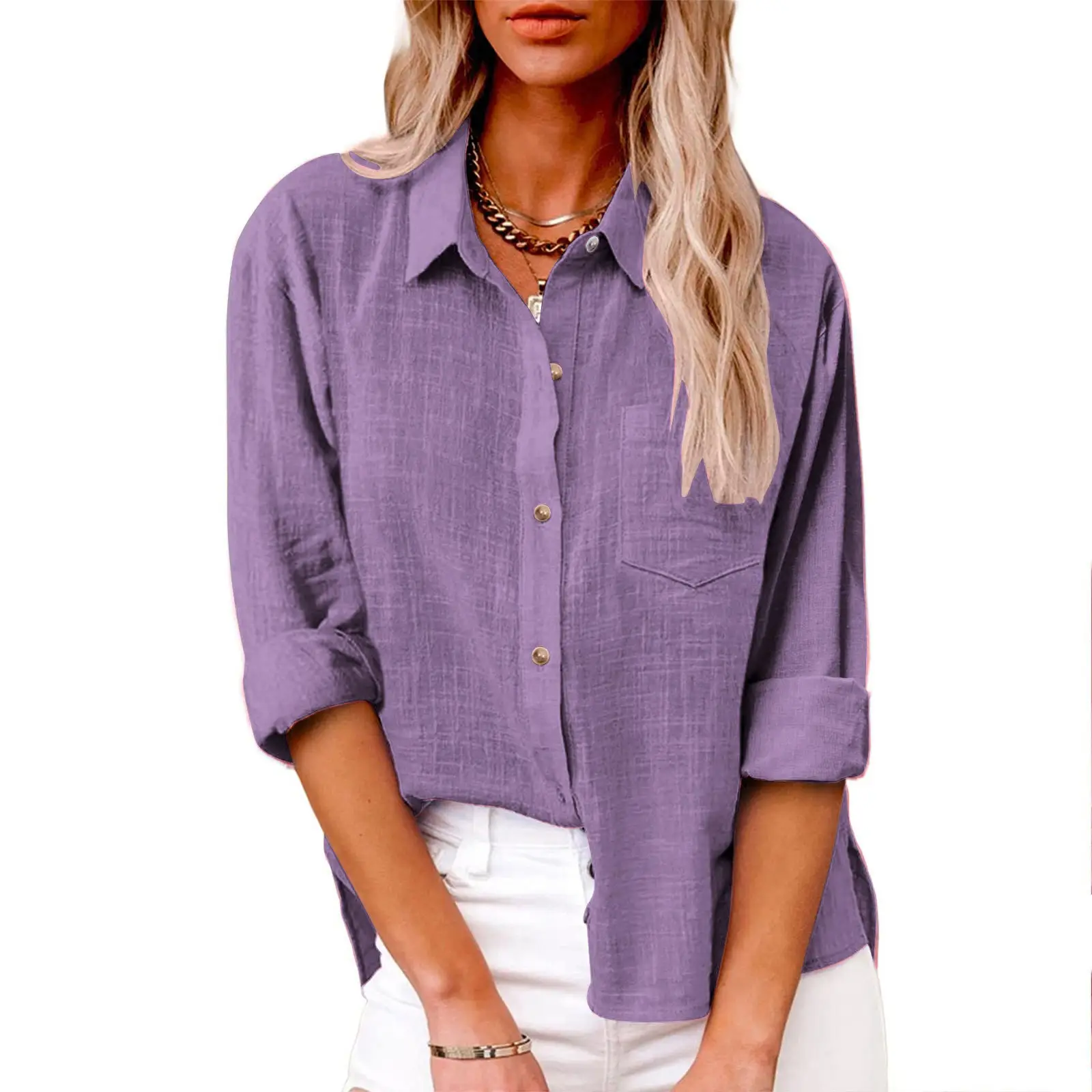 Women Cotton Linen Split Shirt Blue Long Sleeve