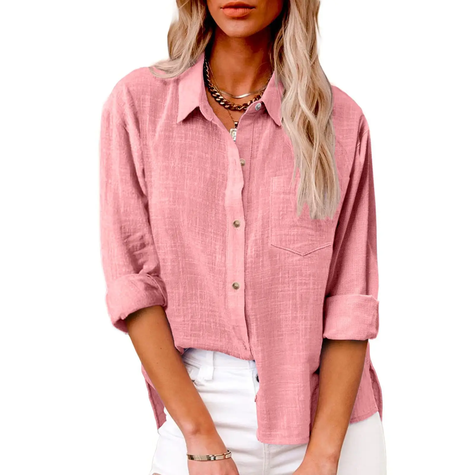 Women Cotton Linen Split Shirt Blue Long Sleeve