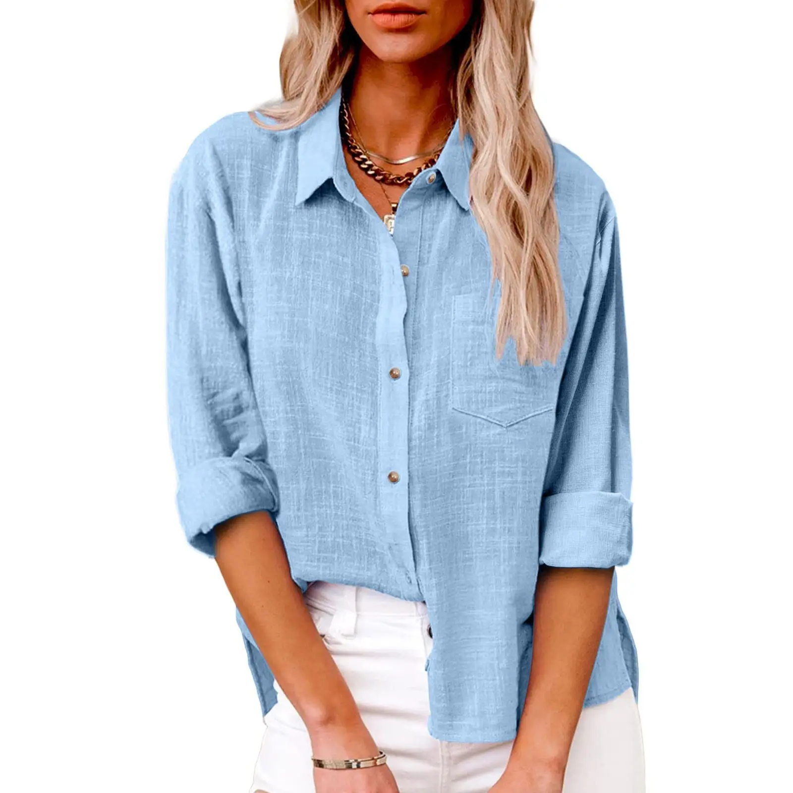 Women Cotton Linen Split Shirt Blue Long Sleeve