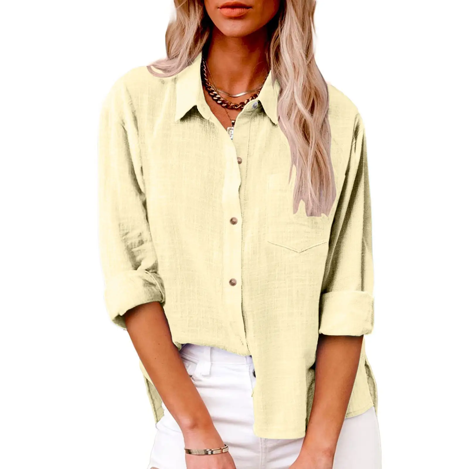 Women Cotton Linen Split Shirt Blue Long Sleeve
