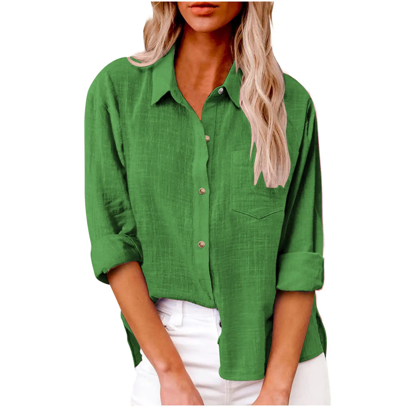 Women Cotton Linen Split Shirt Blue Long Sleeve