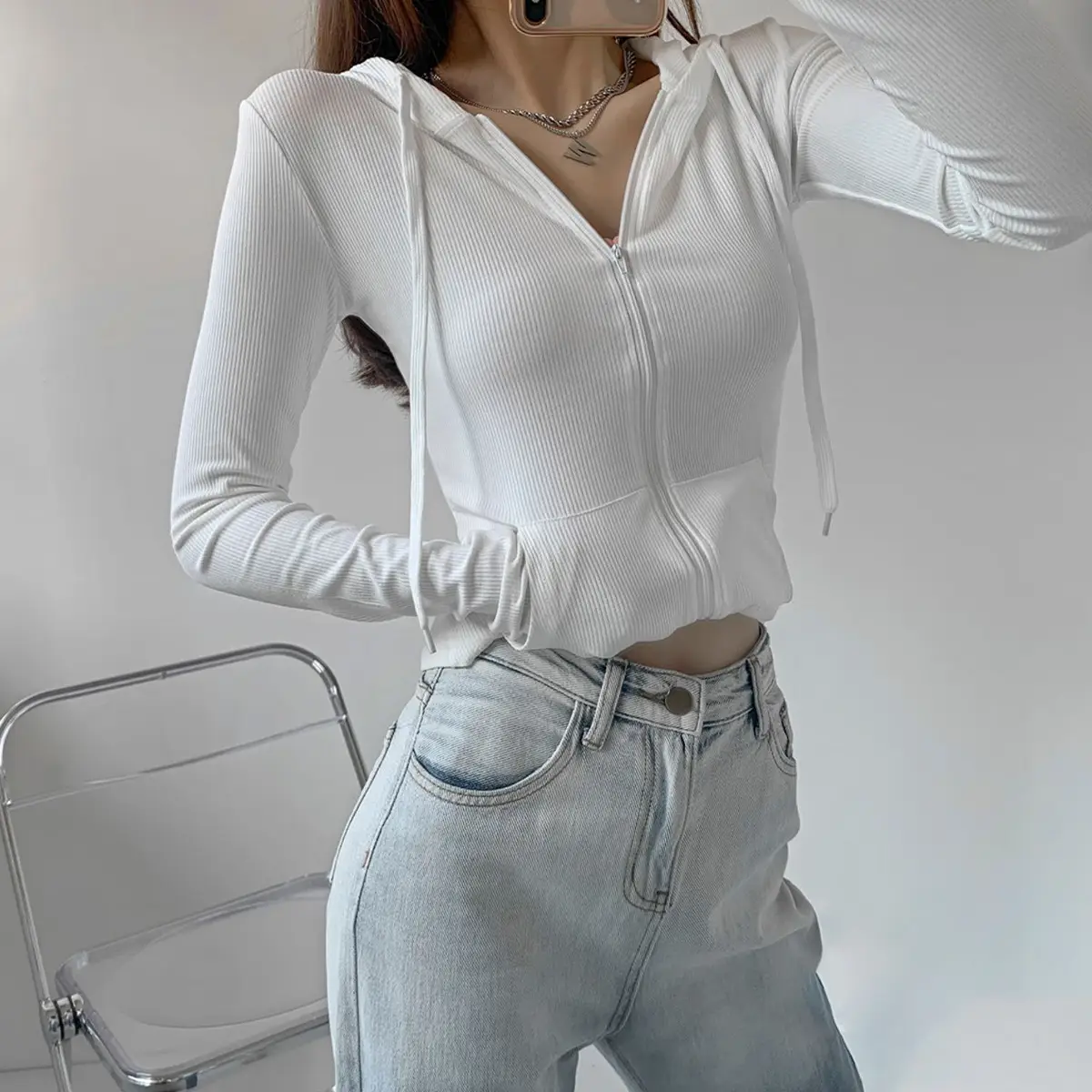 Women White Slim Fit Hooded Cardigan Summer Wear