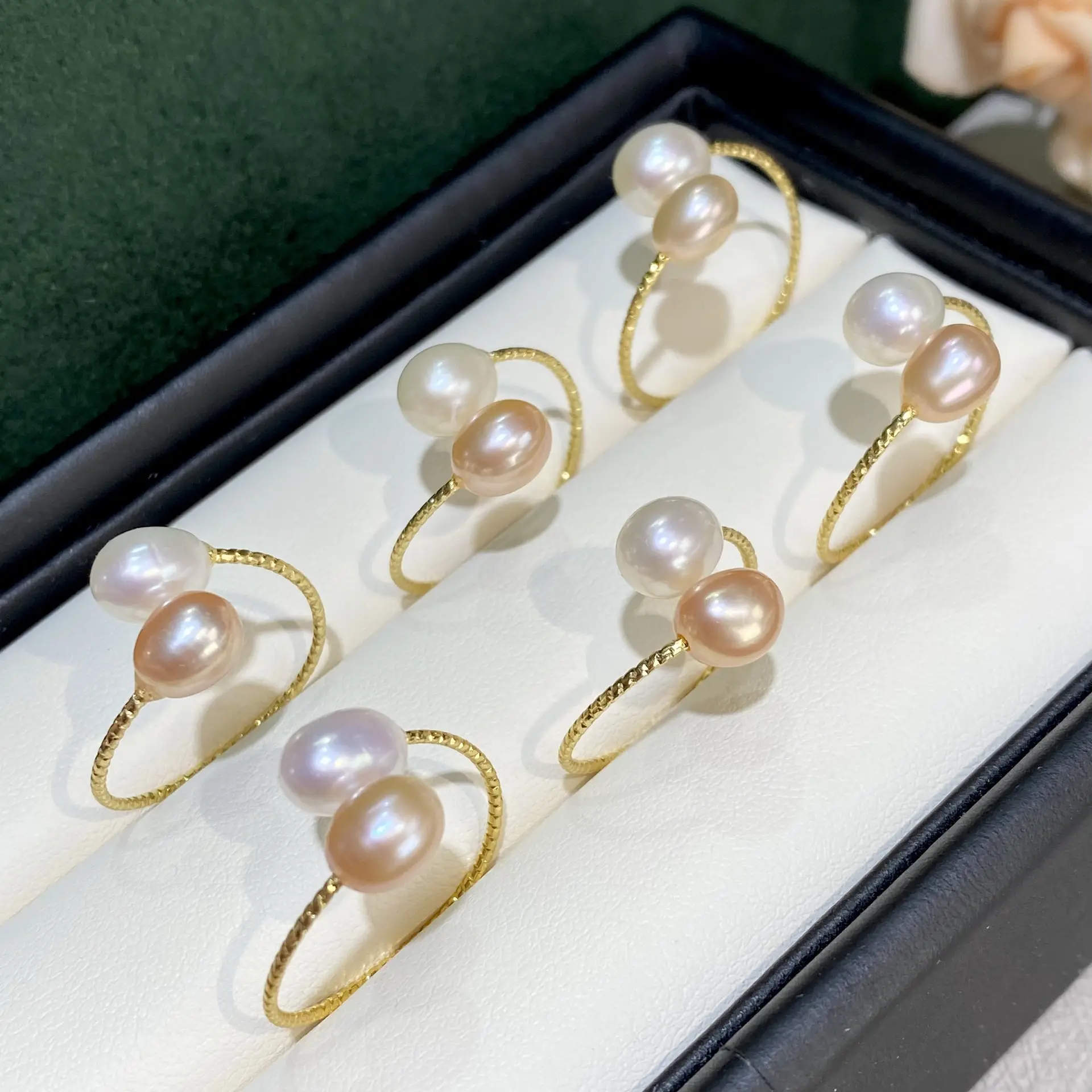 Natural Pearl Rings 14K Gold Single Double Circle Light