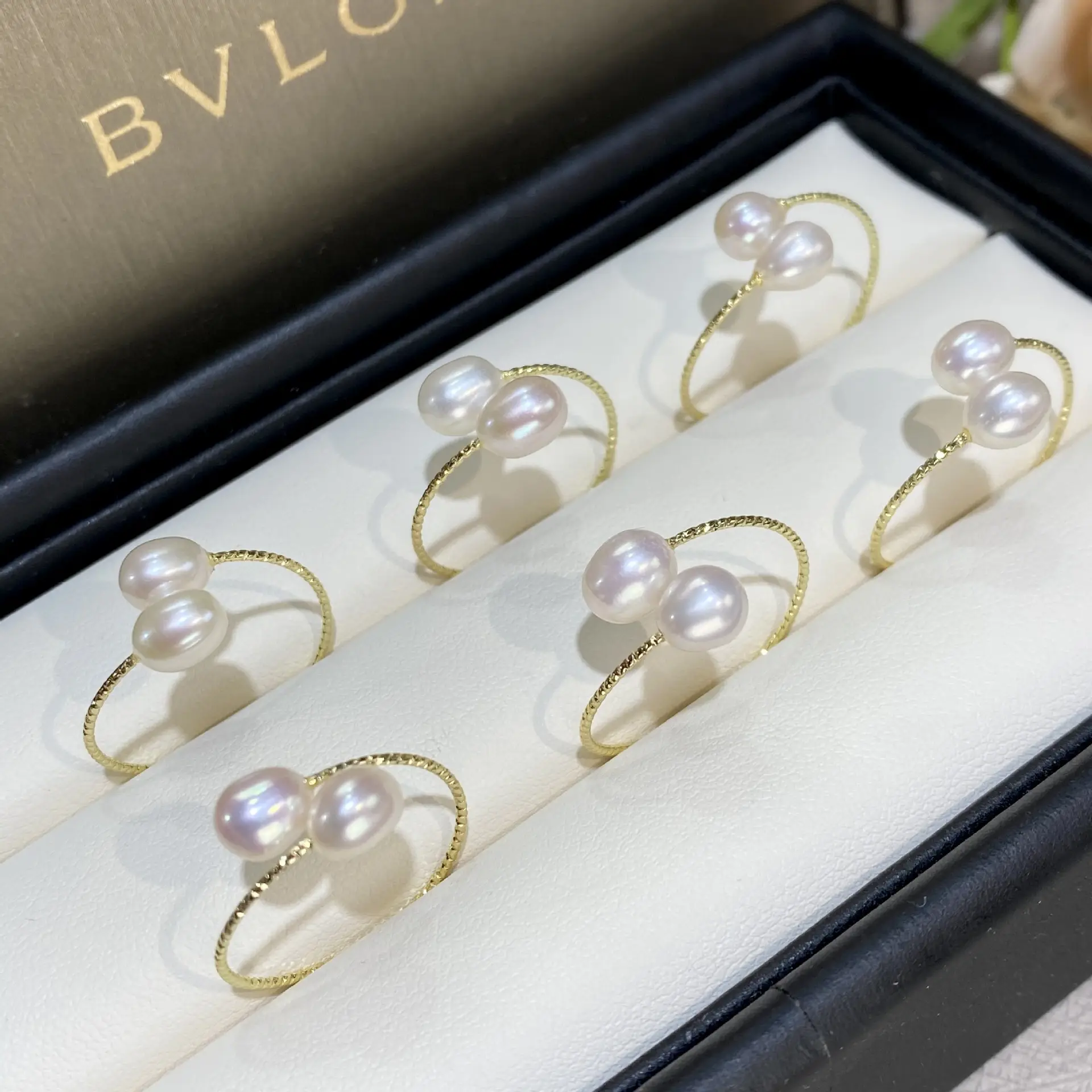 Natural Pearl Rings 14K Gold Single Double Circle Light