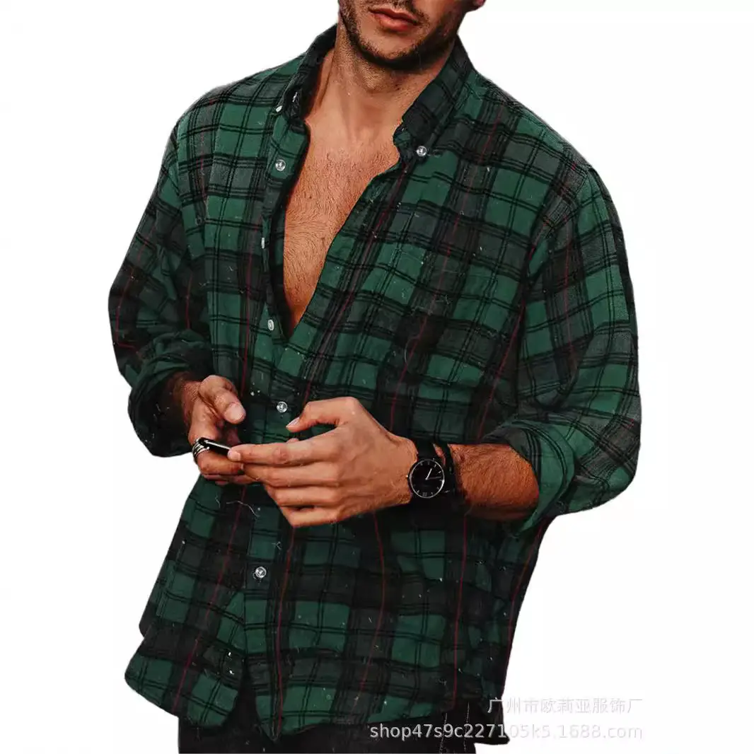 Men's Plaid Lapel Shirt Yellow Black Long Sleeve