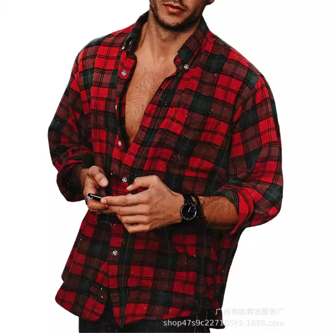 Men's Plaid Lapel Shirt Yellow Black Long Sleeve