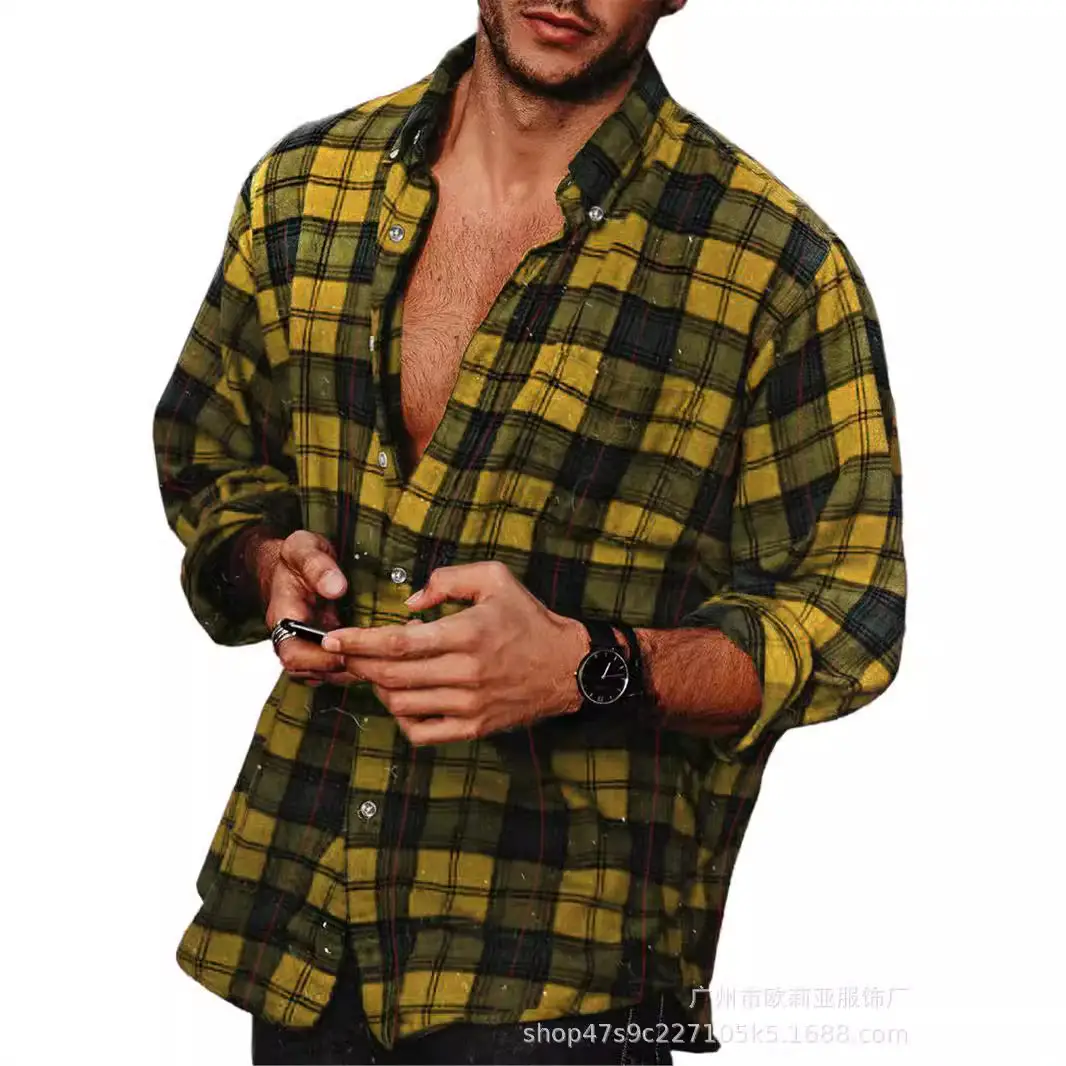Men's Plaid Lapel Shirt Yellow Black Long Sleeve