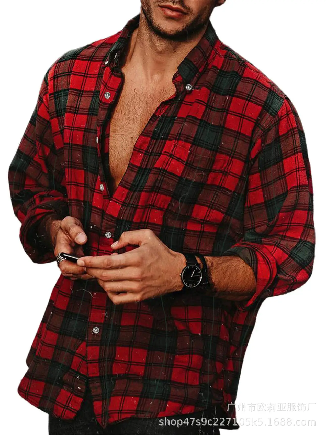 Men's Plaid Lapel Shirt Yellow Black Long Sleeve