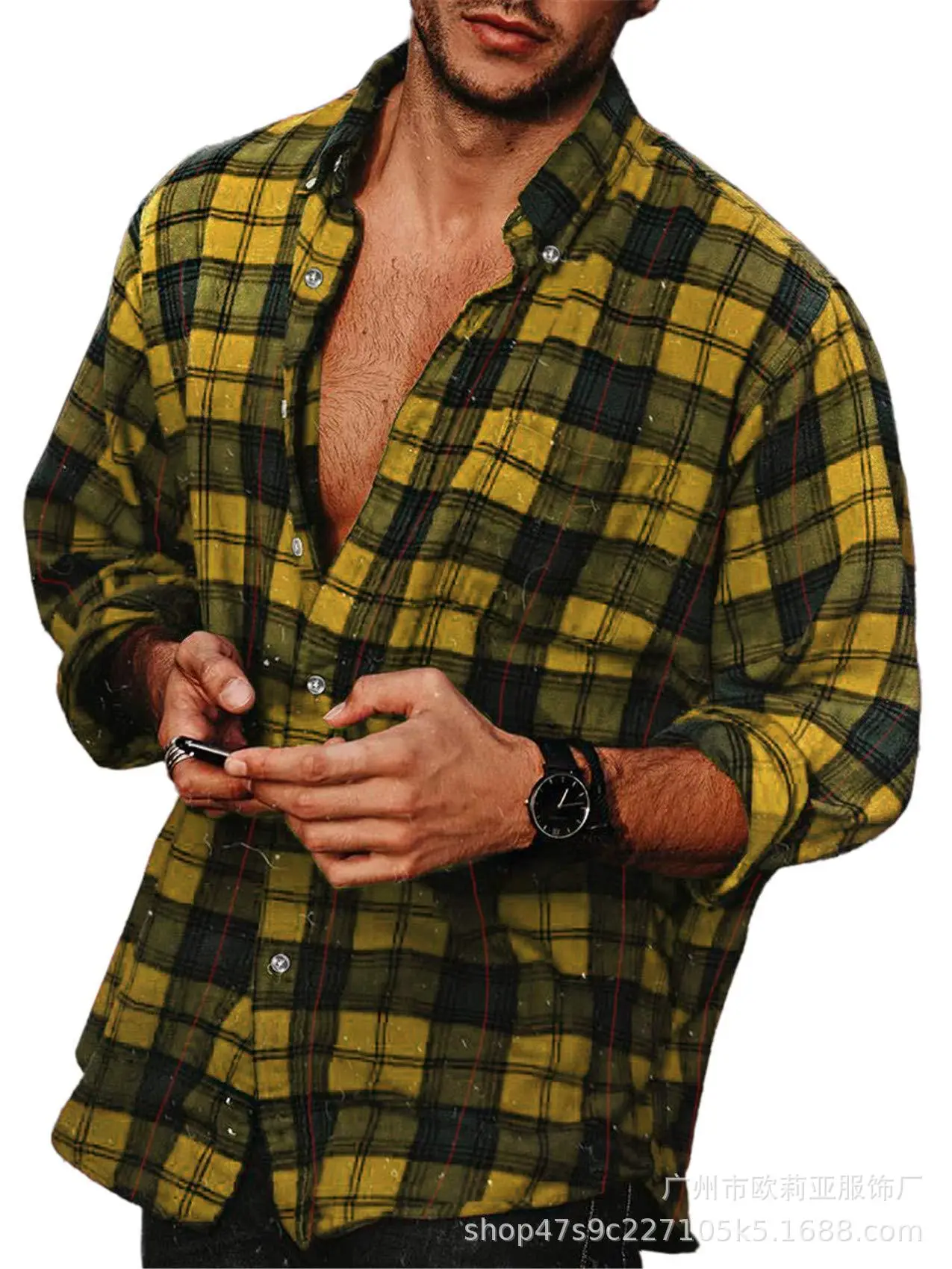 Men's Plaid Lapel Shirt Yellow Black Long Sleeve