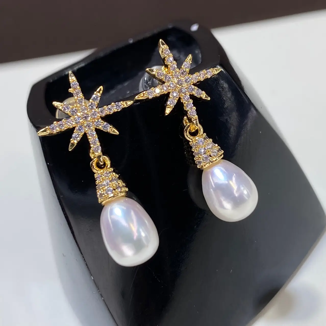 18K Gold Pearl Star Earrings for Women